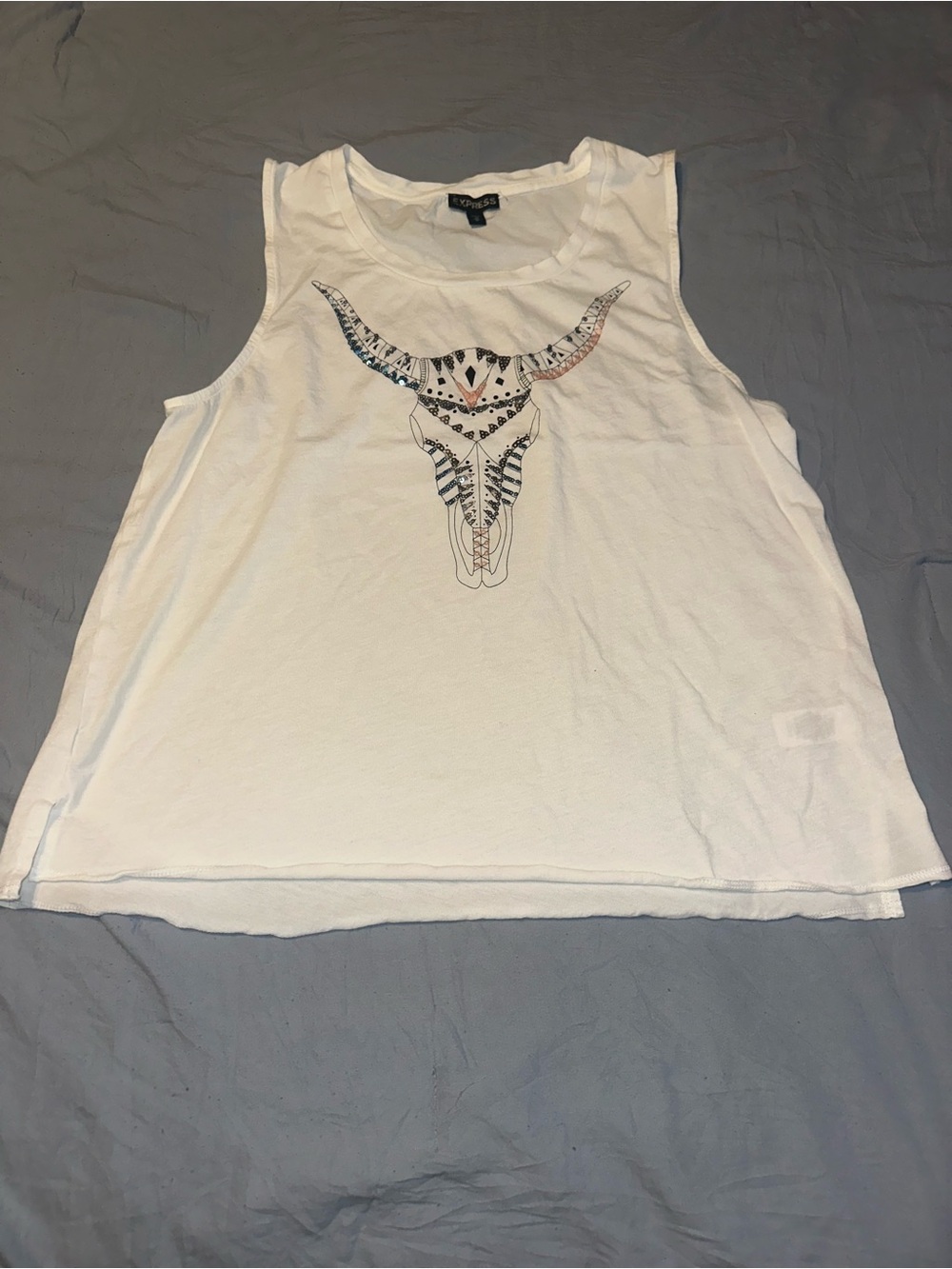 Express White Graphic Tank Top with Bull Skull Design